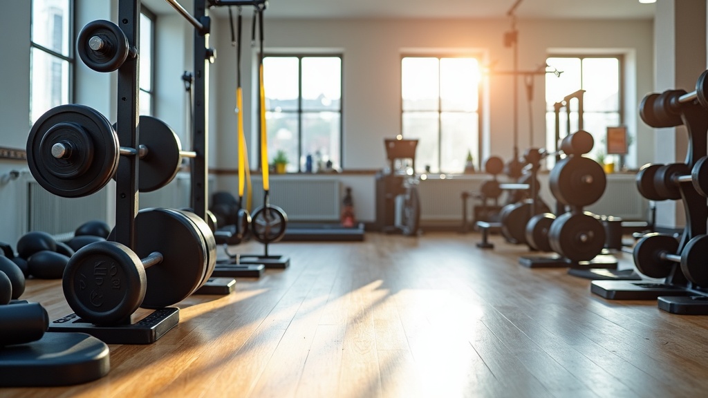 A set of organized workout equipment arranged in a well-lit gym, showing different types of weights, resistance bands, and mats on a clean wooden floor.